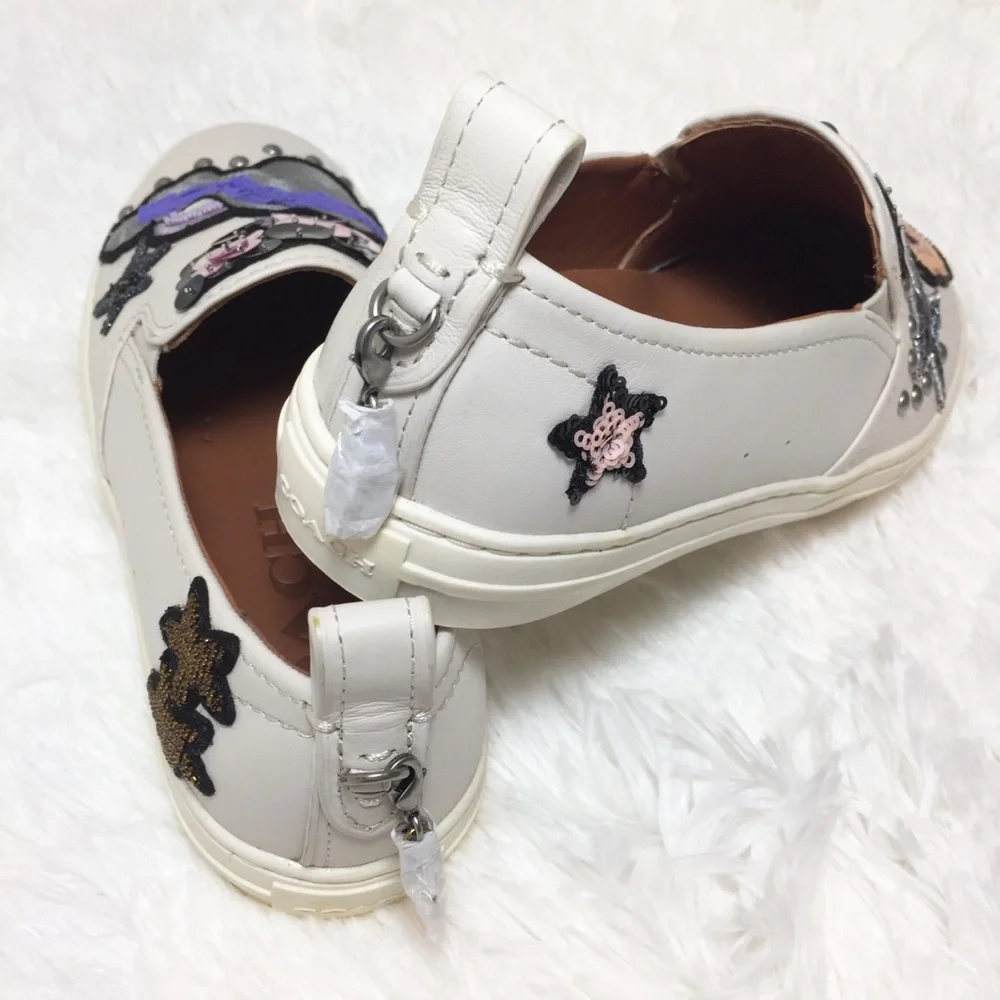 Coach Slip On Sneakers Sequin Embroidery Leather Shoes Unique Nude - Picture 7 of 8